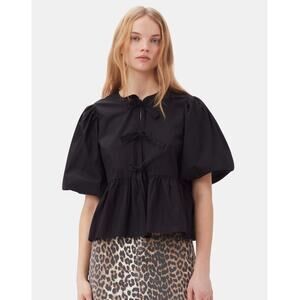 Ganni Cotton Poplin Peplum Tie Blouse